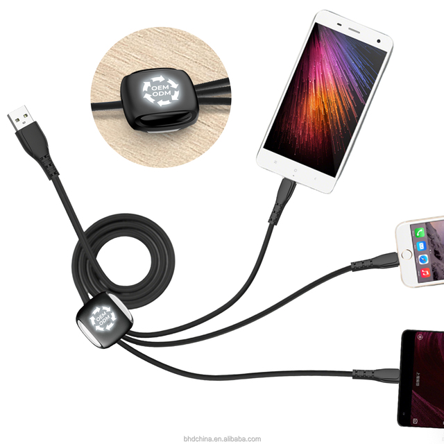 1.2M 3 in 1 USB Type C Fast Charging Cable 3A Quick Charge Phone Data Line Cord with Led logo for Iphone 16 15 14 for Samsung