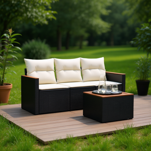 Ensemble de canapés en rotin d'extérieur moderne avec coussins crème, mobilier de jardin imperméable pour terrasse et patio - Product Image 2