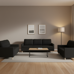 Juego de Sofás Modernos de Poliéster Negro para Sala de Estar, Diseño Acolchado, Juego de 3 Piezas - Product Image 2