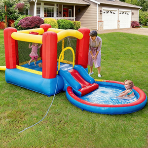 Lit <span class=keywords><strong>de</strong></span> saut gonflable compact avec <span class=keywords><strong>filet</strong></span> <span class=keywords><strong>de</strong></span> protection, toboggan et zone <span class=keywords><strong>de</strong></span> tir pour la prévention des chutes et le divertissement des enfants - Product Image 1