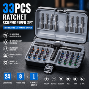 33PCS REEKE Ratchet <b>Screwdriver</b> Set T-Handle Steel <b>Magnetic</b> <b>Bits</b> Hex Wrench 1/4in Drive OEM Option Compact Hard Case 1 Year Comp - Product Image 1