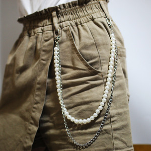 Double Layered Pearl <b>Chain</b> For Pants Unisex Hip Hop Korean Style <b>Waist</b> <b>Chain</b> Daily Wear Imitation Pearl Geometric Design - Product Image 1