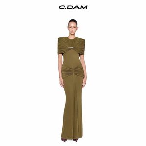 Vestido largo maxi fruncido <span class=keywords><strong>de</strong></span> manga corta para mujer con decoración <span class=keywords><strong>de</strong></span> barra metálica, vestido largo ajustado plisado, elegante vestido <span class=keywords><strong>de</strong></span> noche con abertura, 5 colores - Product Image 3