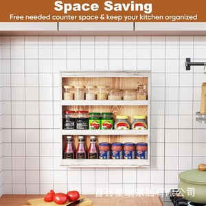 Estante de madera rectangular de 3 niveles para condimentos, montado en la pared, para especias y salsas de cocina - Product Image 2