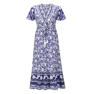 European And American Plus Size Dress 2022 Spring And Summer New Style Rayon Retro Printed Dress Beach Mid-length Dress