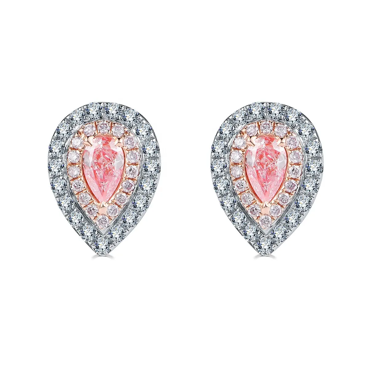 Brincos de prata esterlina 925, joias da moda, dois tons, banhados por diamante de pear rosa, brinco duplo
