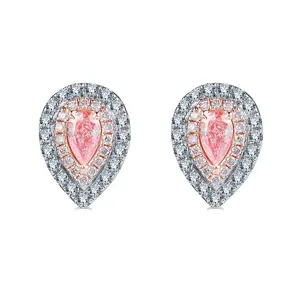 Fashion Jewelry 925 Sterling Silver Two Tone Plated Pink Pear Cut Diamond Double Halo Stud Earrings