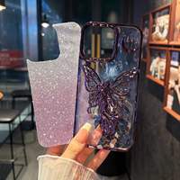 Coque de téléphone papillon à paillettes tendance avec bord métallique anti-rayures pour iPhone Duo 17Air 15 14 13 Samsung S24 A54