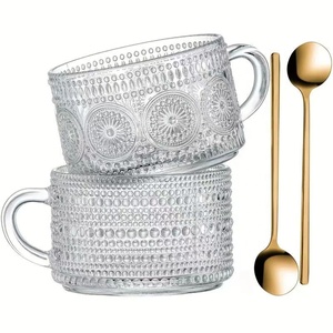 Conjunto de Canecas de Café Vintage em Cristal, Copos de Vidro com Relevo, Conjunto de Copos para Bebidas com Colher e Tampa de Madeira - Product Image 1
