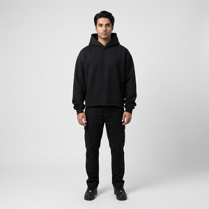 Sudadera con capucha bordada con parche estampado de soplo personalizado 100% algodón ropa de calle de gran tamaño Boxy Fit Cut Raw Edge No Raw Hem sudaderas con capucha negras - Product Image 1