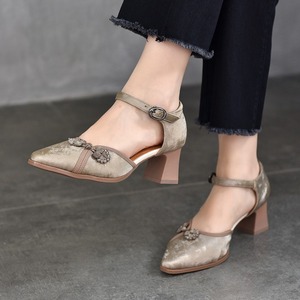 Sandales pour femmes à bout pointu et creux, en cuir véritable, avec talons plateforme épais, sandales en cuir de vachette - Product Image 2