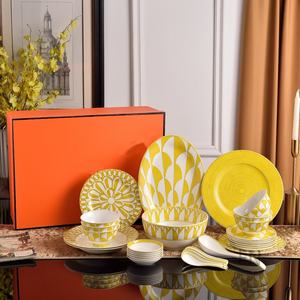 Service de vaisselle haut de gamme en porcelaine fine, 32 pièces, motif chaîne bleue, design minimaliste européen, compatible lave-vaisselle, cadeau de déménagement - Product Image 2