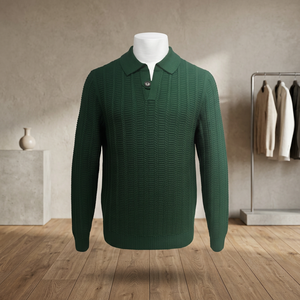 Olive Green Ribbed <b>Knit</b> Polo <b>Sweater</b> Men Long Sleeve Pullover Collared <b>Cable</b> <b>Knit</b> Casual Autumn Top - Product Image 1