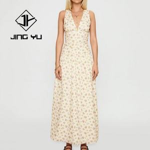 Robe midi de luxe pour femmes, de haute qualité, estivale, à fleurs, décolleté en V profond, slim, 100% rayonne, tissu doux - Product Image 3