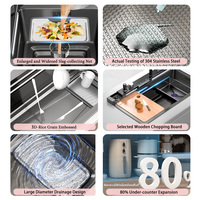 Évier de cuisine en acier inoxydable nano noir, fait main, à cuve unique, intelligent, avec robinet cascade et design à 5 trous, vente en gros