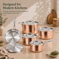 En gros Batterie de cuisine en acier inoxydable martelé cuivré avec couvercles, comprenant Casserole, Faitout, Poêle à frire, compatible induction, OEM