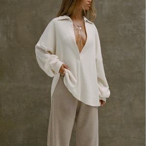 Blusas de Manga Larga con Cuello en V Profundo para Mujer, con Patrón de Waffle, Líneas Decorativas y Estilo Americano Informal - Product Image 1