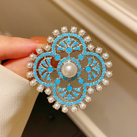 Bros Bunga Kerawang Mutiara Rumput Pirus Biru Tidak Alami Berlapis Kuningan Berkualitas Tinggi. Desain Romantis Prancis Formal