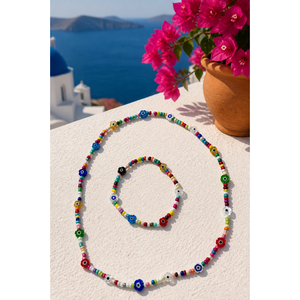 Parure de bijoux bohèmes en verre perlé, collier et <span class=keywords><strong>bracelet</strong></span> multicolores avec breloque fleur grecque Mati et pendentifs aux quatre motifs - Product Image 5