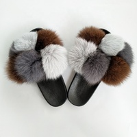Pantoufles en fourrure pour femmes, mignonnes, en peluche, avec pompon en vraie fourrure de renard, sandales moelleuses pour femmes