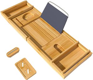Vassoio per Vasca da Bagno in Bambù Estensibile Combohome con Supporto per Piedi - Product Image 1