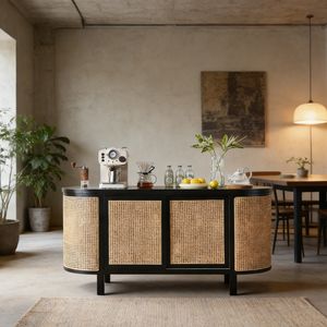 Buffet en bois massif et rotin de style Japandi Wabi-Sabi, moderne, écologique, durable, fait main, pour salon, salle à manger, <span class=keywords><strong>entrée</strong></span> - Product Image 1