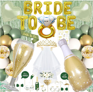 Decorazioni per Addio al Nubilato: Palloncini a Forma di Cuore e Anello in Foil, Velo, Tiara, Tenda Verde, Accessori per Foto e Tatuaggi - Product Image 1