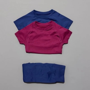 2 Piece Set <b>Women</b> Longline Short Sleeve Gym Crop Top High Waist Yoga <b>Leggings</b> Workout Sports Suit Fitness Clothes - Product Image 5
