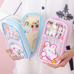 Ngoài Dễ Thương Thỏ Công Suất Lớn <span class=keywords><strong>3</strong></span> Lớp Rõ Ràng Trong Suốt PVC PU Trẻ Em Bút Chì Túi Xách, Trường Bút Chì Trường Hợp Cho Cô Gái Với Túi - Product Image 1