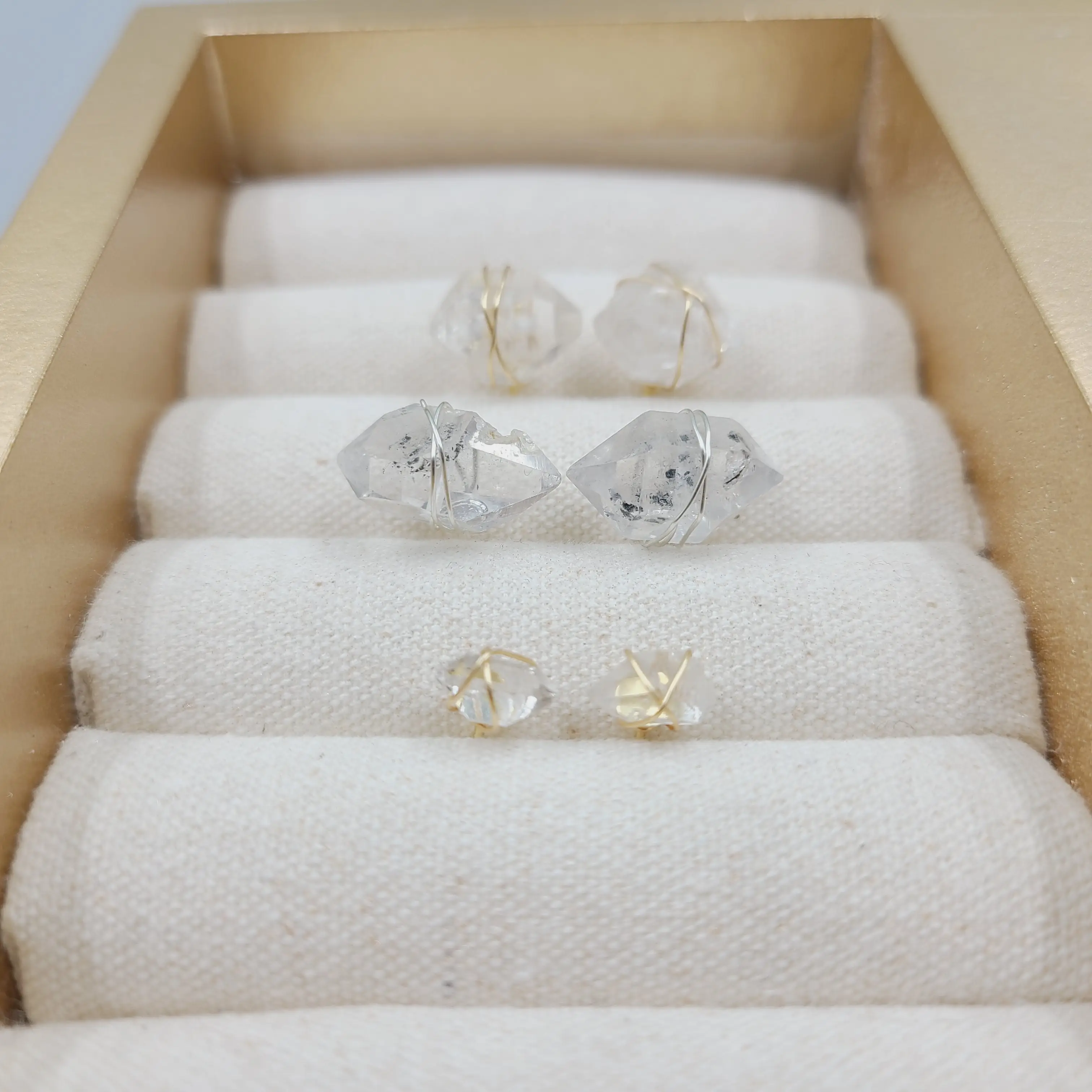 Herkimer Anting Kristal Berlian Alami, Anting-Anting Kancing Buatan Tangan Lapis Kawat, Perhiasan Lapis Emas Perak Murni