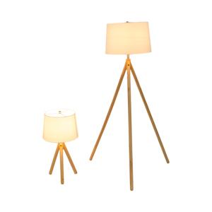 Lampada da terra e da tavolo in legno con paralume in lino per camera da letto, soggiorno e illuminazione da comodino - Product Image 2