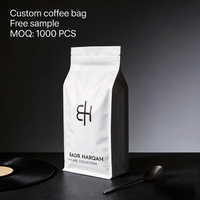 Pochette d'emballage pour café imprimée sur mesure, fond plat avec valve et fermeture éclair pour sacs de café de vente au détail