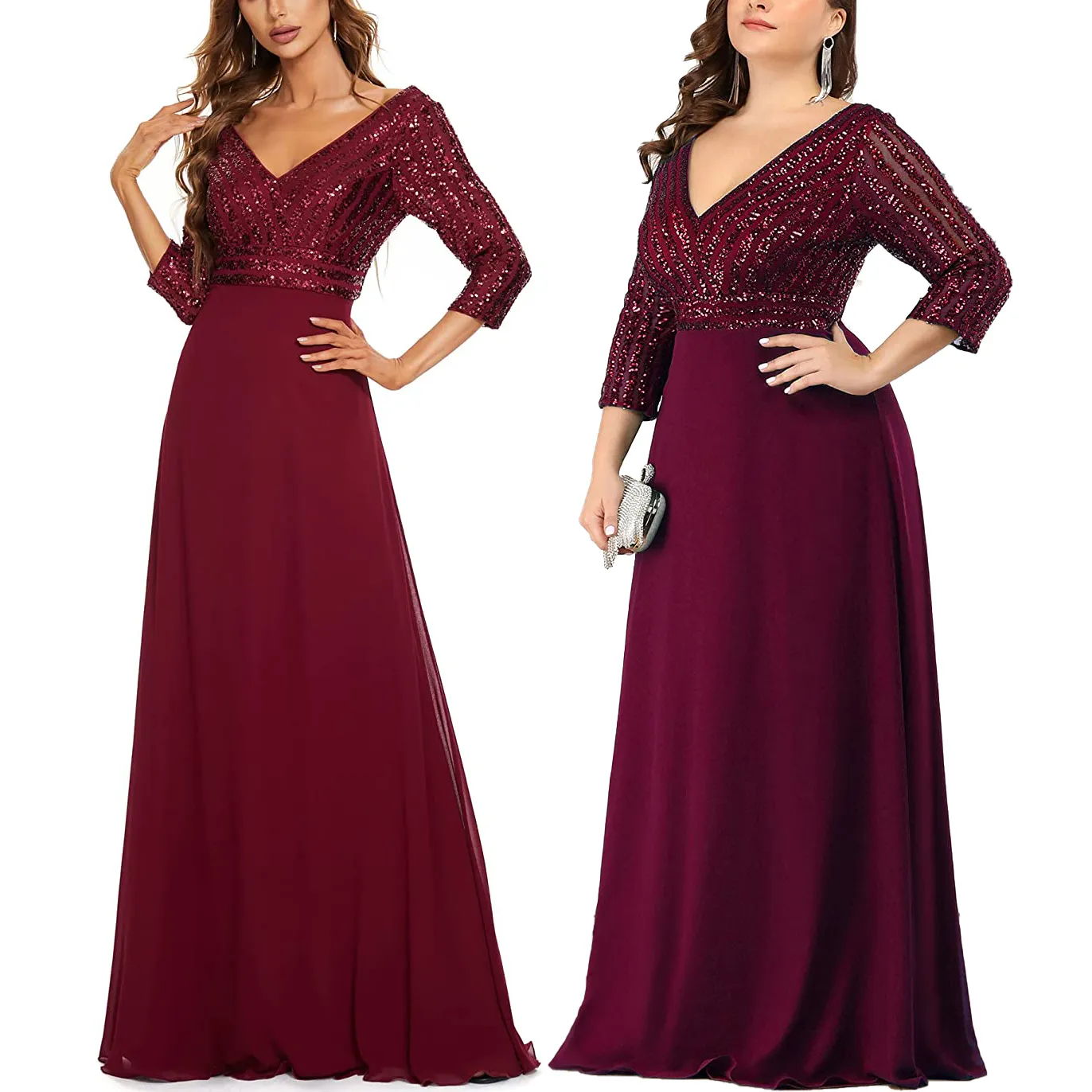 Plus Size Women's Sequin Sexy V Neck Chiffon Cocktail Dinner Formal Elegant Prom Long Gown Ball Evening Party Dress For Fat Lady