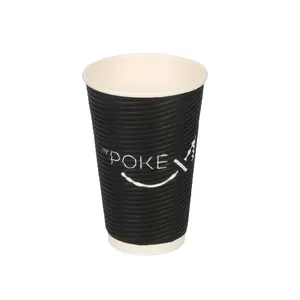 16盎司黑色波纹壁纸盒纸杯，带盖定制印刷标志，用于饮料茶咖啡工艺纸材料冲压