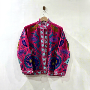 Wholesale <b>Women</b> Pink <b>Velvet</b> <b>Jacket</b> Hand Embroidered Vintage Ethnic Boho Open Front Coat Short Casual Winter Outerwear - Product Image 1