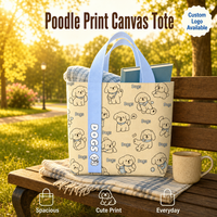 Sac fourre-tout en toile à imprimé chien mignon avec poignées bleues et motif de chiot Kawaii