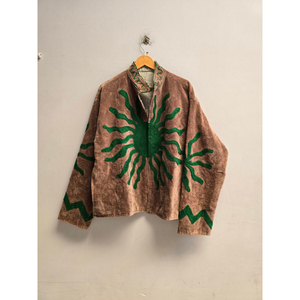 <b>Women's</b> <b>Brown</b> Cotton <b>Jacket</b> with Embroidered Geometric Patterns, Mandarin Collar, Batwing Sleeves, Short Casual Coat - Product Image 6
