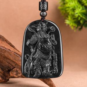 Pendentif en jade noir naturel de Jadeite du Myanmar, Guan Gong, style chinois, cadeau UNISEXE avec certificat d'évaluation FG51 - Product Image 1
