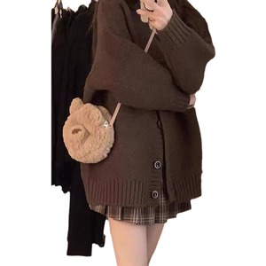 Women's V Neck Knitted Cardigan Khaki Solid Color Vintage Style Autumn Winter Sweater Coat Medium Thickness - Product Image 5