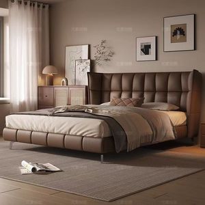 Italian Minimalist Genuine Leather <b>Bed</b> Dy54123123 Double Size With <b>Soft</b> Backrest Low Box Upholstered <b>Bed</b> For Master Bedroom - Product Image 1