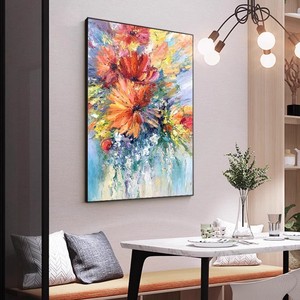 Peinture à l'huile abstraite de fleurs peinte à la main, cadre métallique, effet 3D, décoration murale pour entrée et salon - Product Image 3