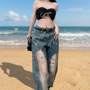 Pantalon en jean micro-évasé dégradé rétro tendance pour femme, idéal pour les grandes tailles avec un sens du design unique - Product Image 4