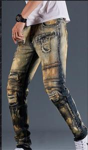 سروال جينز دينم للرجال, سروال جينز دينم للرجال بتصميم عتيق قصة مستقيمة ذو طيات بخياطة للرجال ، سروال جينز ممزق بتصميم الشارع - Product Image 4