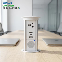 Prise de courant escamotable de bureau noire avec chargeur sans fil, interrupteur électrique et prise USB, intégrant un haut-parleur