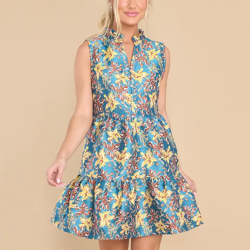 Newly Designed Spring A Line Mini Skirt V Neckline Back Zipper Sleeveless Printed Blue Multi Floral Women Dresses