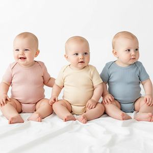 Ropa de Bebé Personalizada OEM, Mono de Algodón y Elastano, Liso, con Broches en la Parte Inferior, Ropa de Bebé de una Pieza, Body de Manga Corta con Nervaduras - Product Image 2