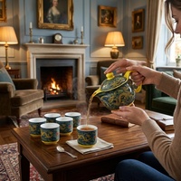 Service à thé en céramique artisanal à motif de dragon oriental, théière en porcelaine de luxe avec glaçure jaune et bleue, infuseur et tasses