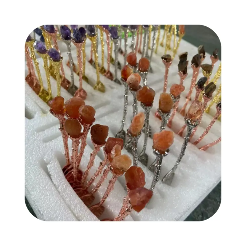 Healing Crystal Quartz Brass Tea Spoon Spiritual Energy Copper quartz Carved Long Handle Coffee Stirring Spoons wholesale