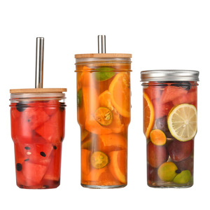 Gobelet réutilisable à large ouverture 16/22/24oz <span class=keywords><strong>Verres</strong></span> à boire Mason Jar avec couvercles en bambou Paille Carton CLASSIC Party Clear 2 Sets - Product Image 4