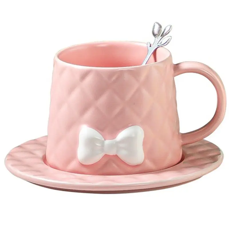 Bulk purchase embossed cute mug Nordic Breakfast milk cup bowknot Coffee tea mug couple water cup 3D custom Ceramic mug